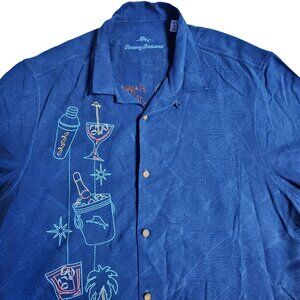 Tommy Bahama Mens XL Blue Silk Hawaiian Shirt "Happy New Year 2020" Graphic